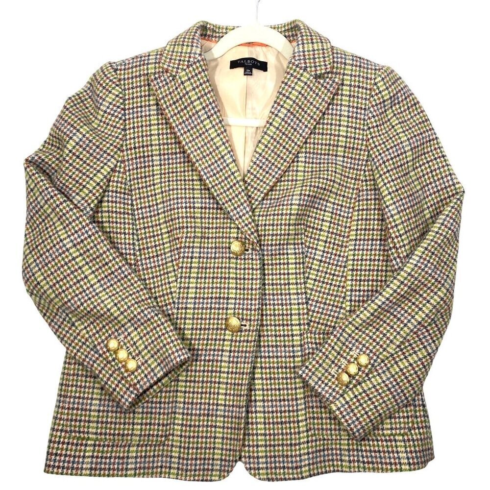 Talbots Womens Houndstooth Blazer Gold Crest Buttons Size 12P Wool Blend lined